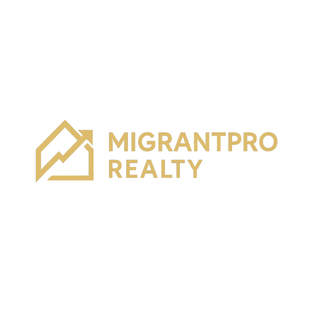 Logo of MigrantPro Realty with gold text and a house icon, featuring an upward arrow.