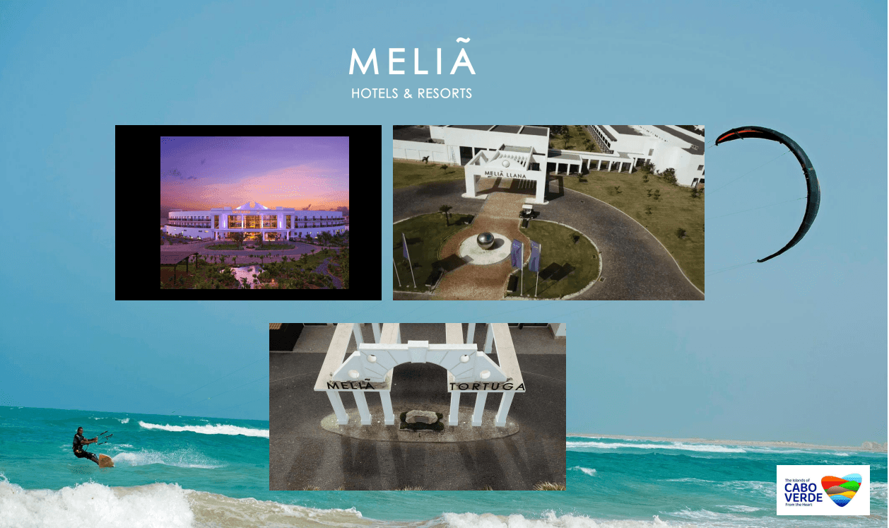 Collage of Melia hotels, kite surfing, and Cabo Verde logo on a beach backdrop.