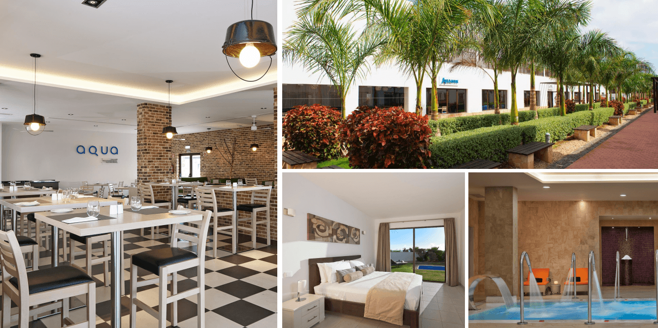 Collage of a restaurant, outdoor path, hotel room, and indoor pool area.