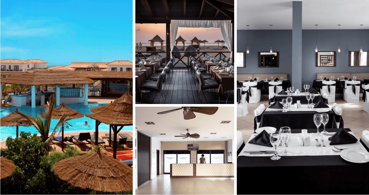 Collage of resort pool area, beachside dining, indoor restaurant, and hotel reception.