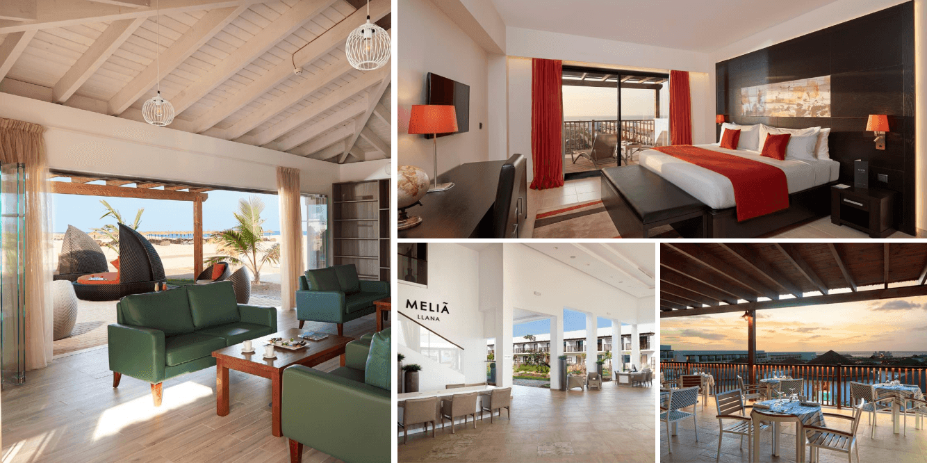 Collage of a luxury resort showing a living area, bedroom, restaurant, and outdoor view.