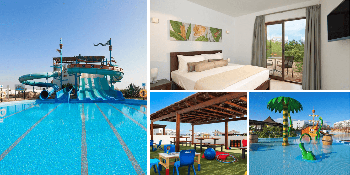 Collage of a water park with slides, hotel room with balcony, and outdoor seating area.