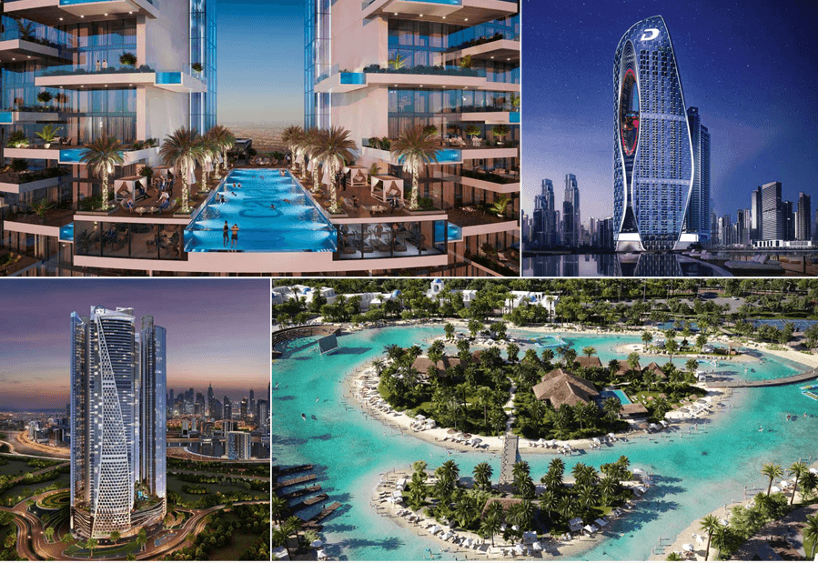 Collage of futuristic skyscrapers, luxury pool terrace, and tropical lagoon in urban landscape.